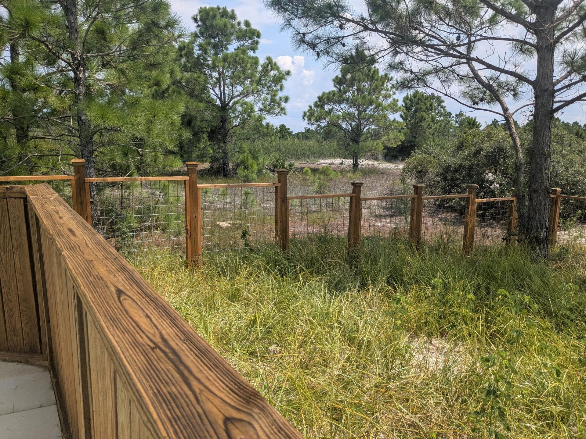 Wooden fence in a grassy area with trees in the background under a blue sky.