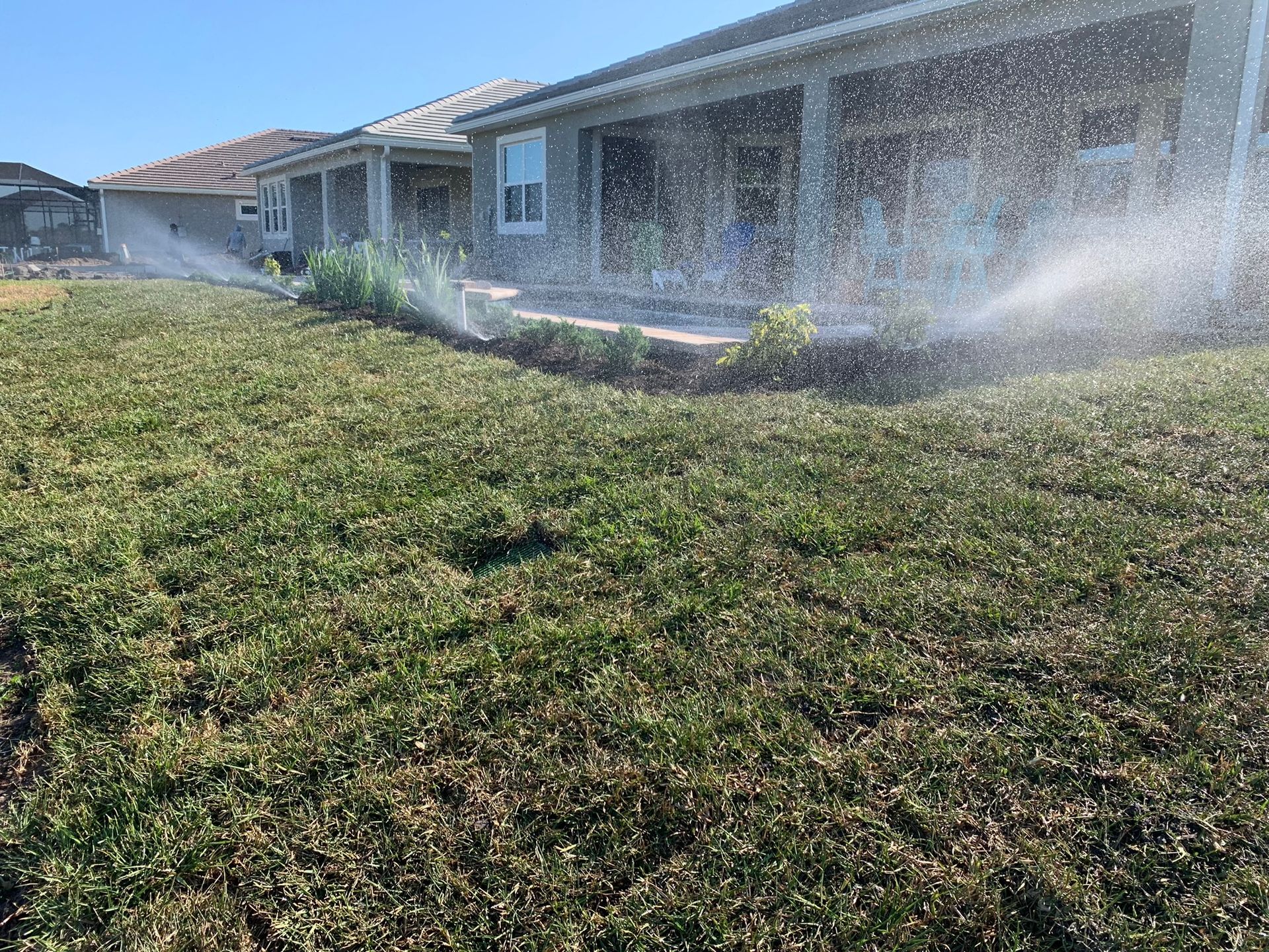 New irrigation system installation running on a freshly installed lawn at a Sarasota County home