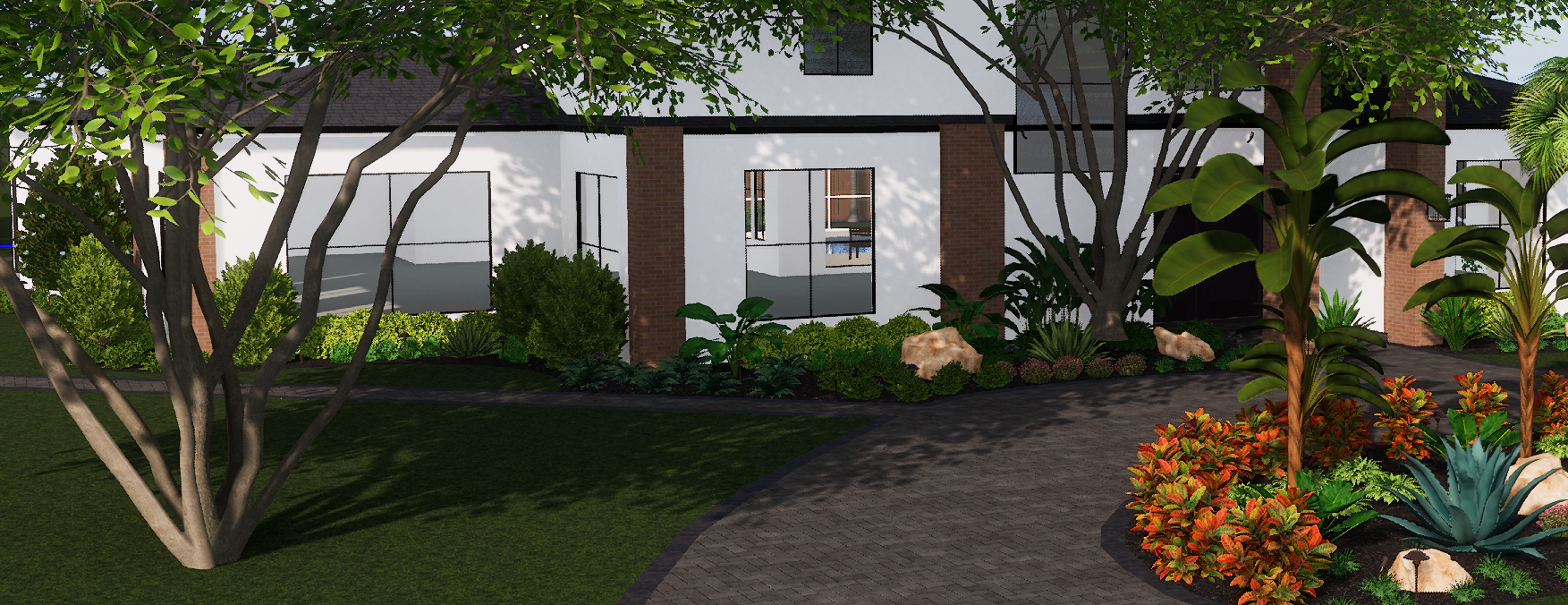 Custom landscape design rendering for a Sarasota County home featuring brick walkway and tropical plantings