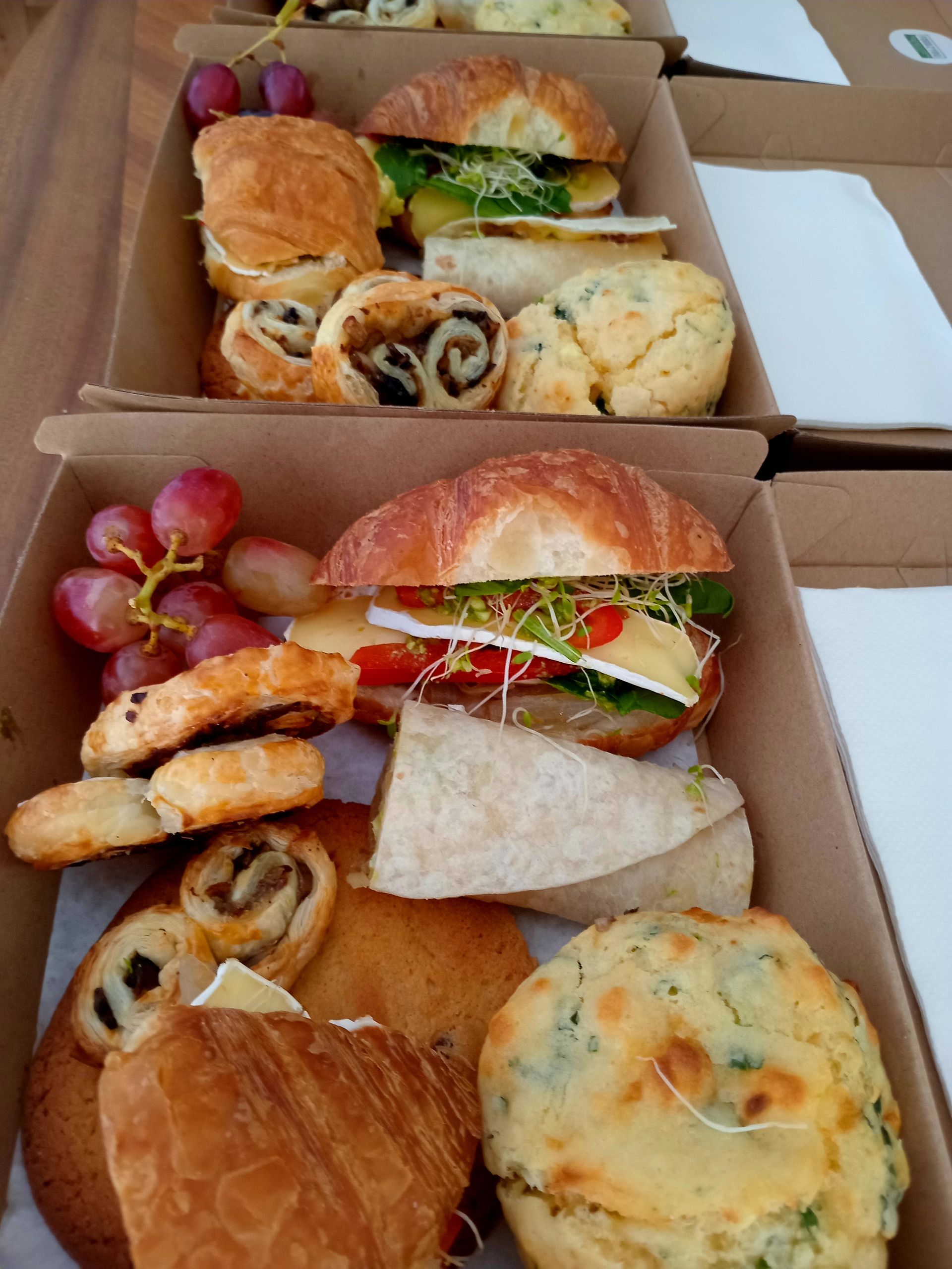 Two boxes filled with assorted sandwiches, pastries, grapes, and cheese.