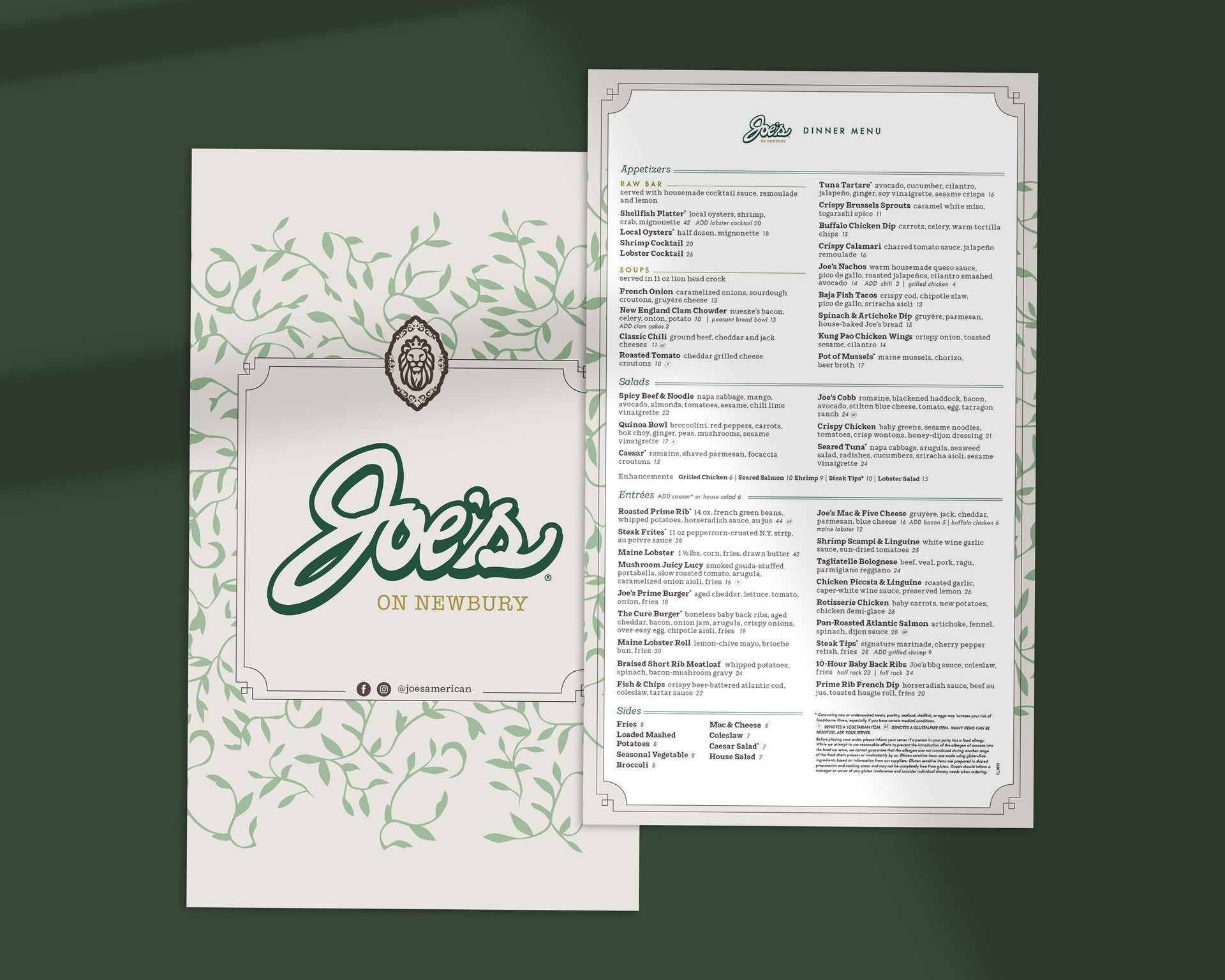 Joe's dinner menu
