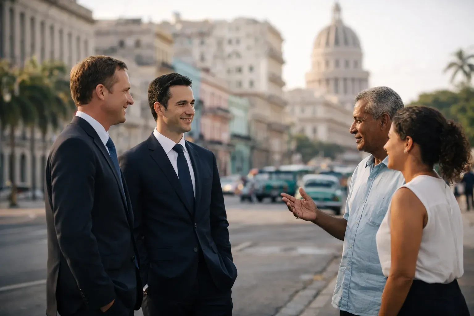 Businessmen discussing documents in Havana with Cuban flag and vintage car