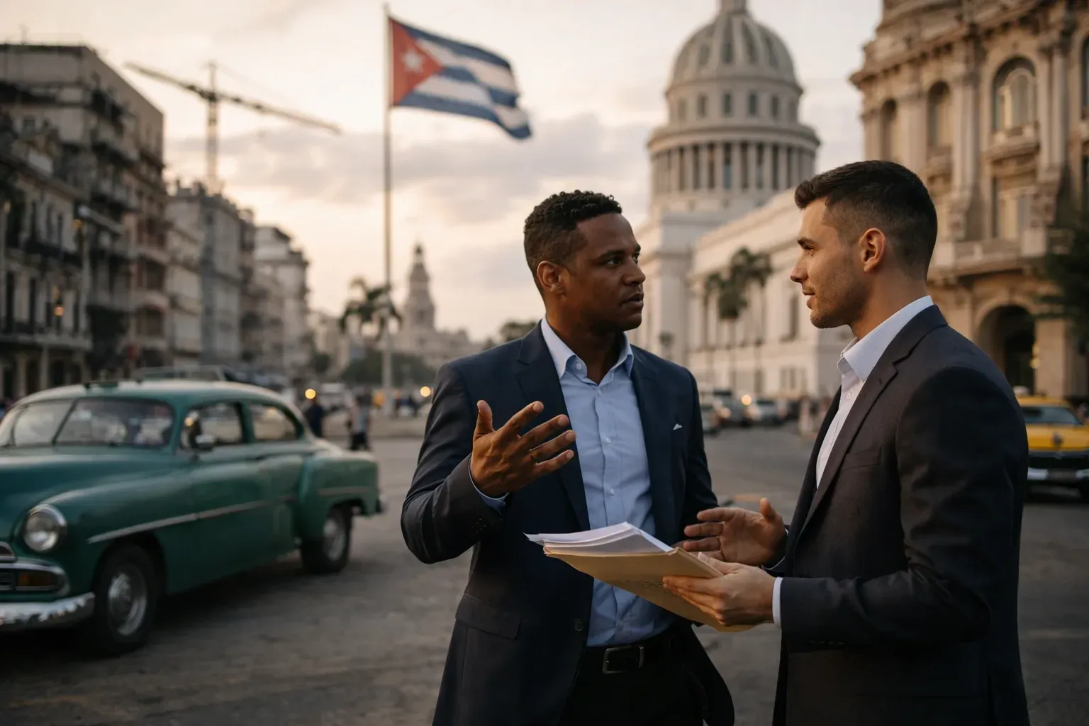 Business discussion in Havana Cuba with Capitol building and Cuban flag