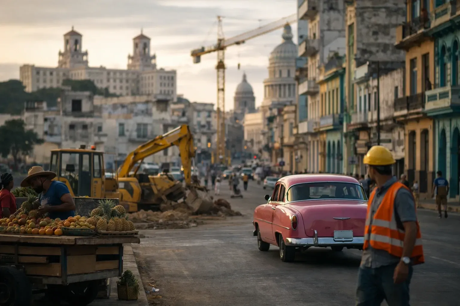 Havana urban development scene with workers and vintage car