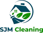 Logo for SJM Cleaning: a house with broom and leaves inside a circle. Green and blue colors are used.