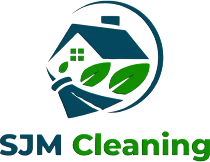 Logo for SJM Cleaning: a house with broom and leaves inside a circle. Green and blue colors are used.