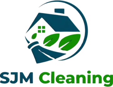 Logo for SJM Cleaning: a house with broom and leaves inside a circle. Green and blue colors are used.