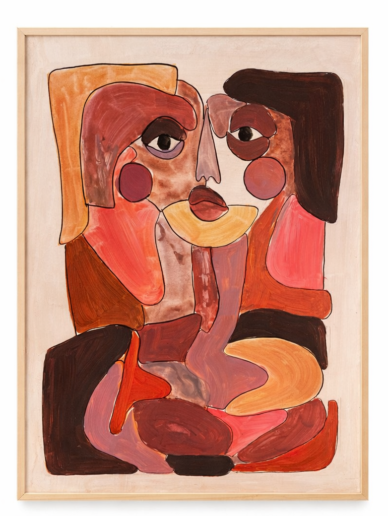 Een abstract schilderij van twee figuren in warme kleuren hangt boven een crèmekleurige bank met een donker kussen.