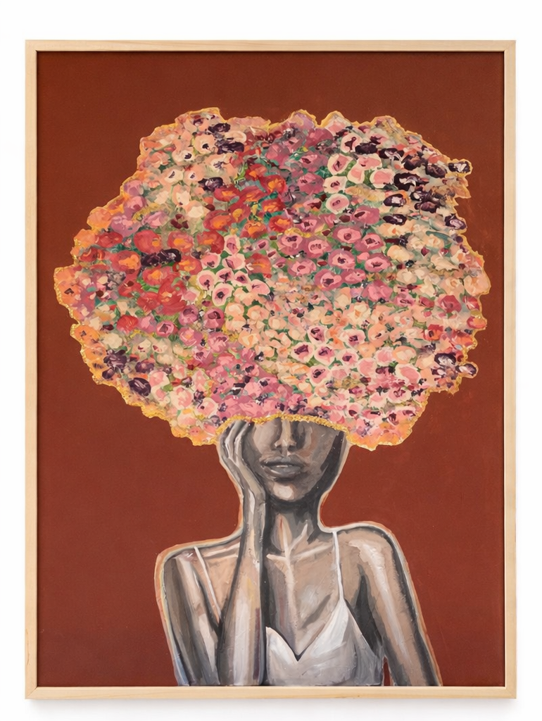 Schilderij van een figuur met een bloemenhoofdtooi, boven een bank met kussens, in een kamer met warme tinten.