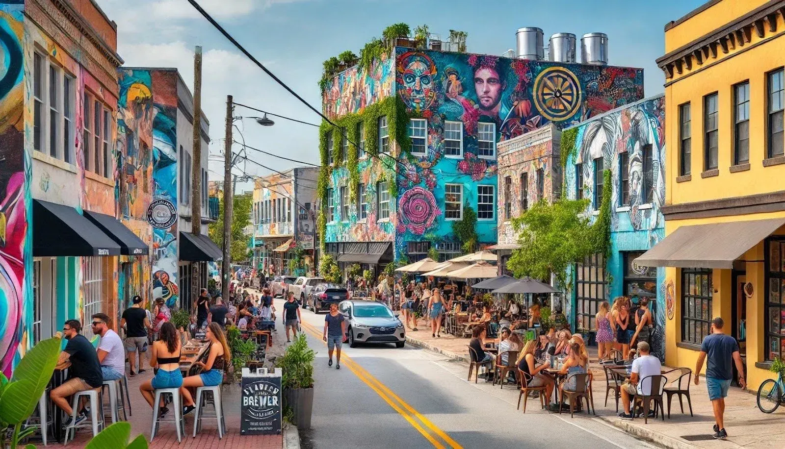 Colorful mural-lined street with outdoor cafes, pedestrians, and cars in a lively downtown scene