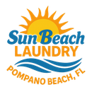 A logo for sun beach laundry with a sun and waves