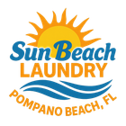 A logo for sun beach laundry with a sun and waves