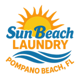 Logo for Sun Beach Laundry in Pompano Beach, FL, featuring a sun, waves, and text in blue and orange.