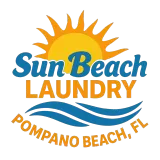 Logo for Sun Beach Laundry in Pompano Beach, FL, featuring a sun, waves, and text in blue and orange.