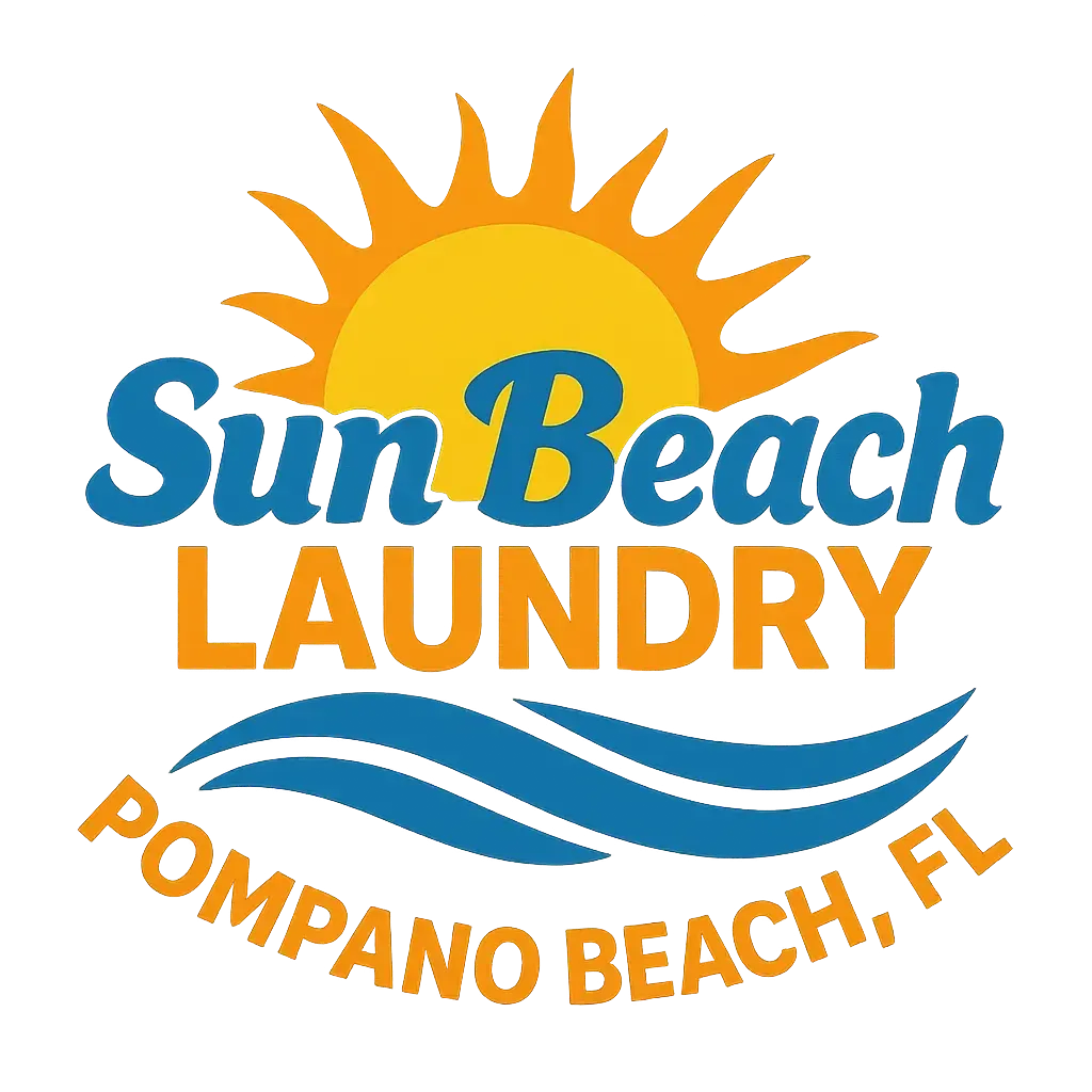 Logo for Sun Beach Laundry in Pompano Beach, FL, featuring a sun, waves, and text in blue and orange.