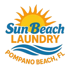 Logo for Sun Beach Laundry in Pompano Beach, FL, featuring a sun, waves, and text in blue and orange.