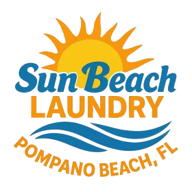 Logo for Sun Beach Laundry in Pompano Beach, FL, featuring a sun, waves, and text in blue and orange.
