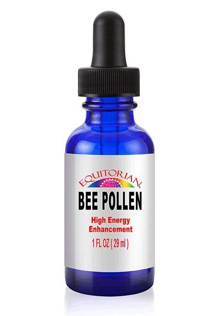 A blue bottle of bee pollen with a dropper