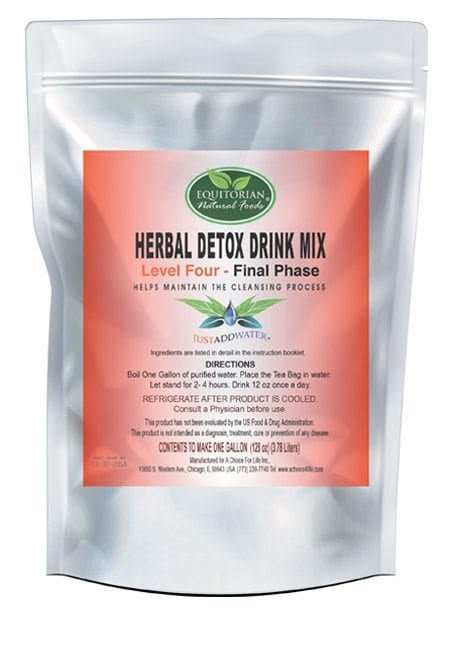 A bag of herbal detox drink mix on a white background.