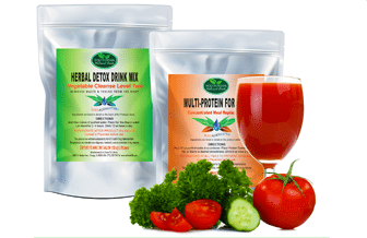 A bag of herbal detox drink mix and a glass of tomato juice.