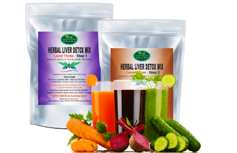 A bag of herbal liver detox mix next to a glass of juice and vegetables.