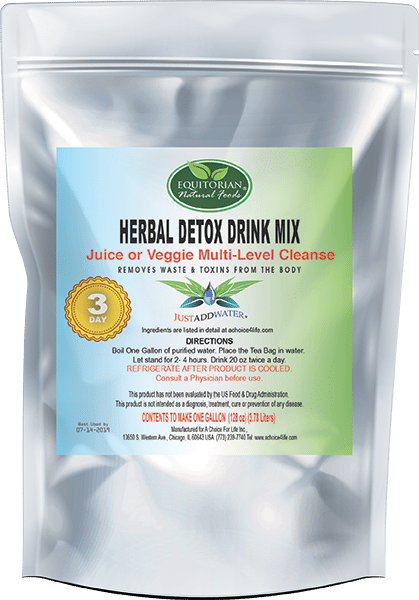 A bag of herbal detox drink mix juice or veggie multi-level cleanse.