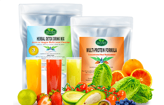 A bag of herbal detox drink mix and a bag of multi-protein formula are surrounded by fruits and vegetables.