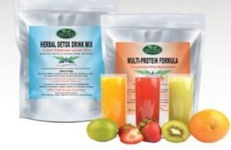 A bag of herbal detox drink mix next to a bag of multi-protein formula