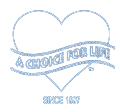 A blue heart with the words a choice for life since 1997 logo