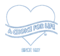 A blue heart with the words a choice for life since 1997 logo