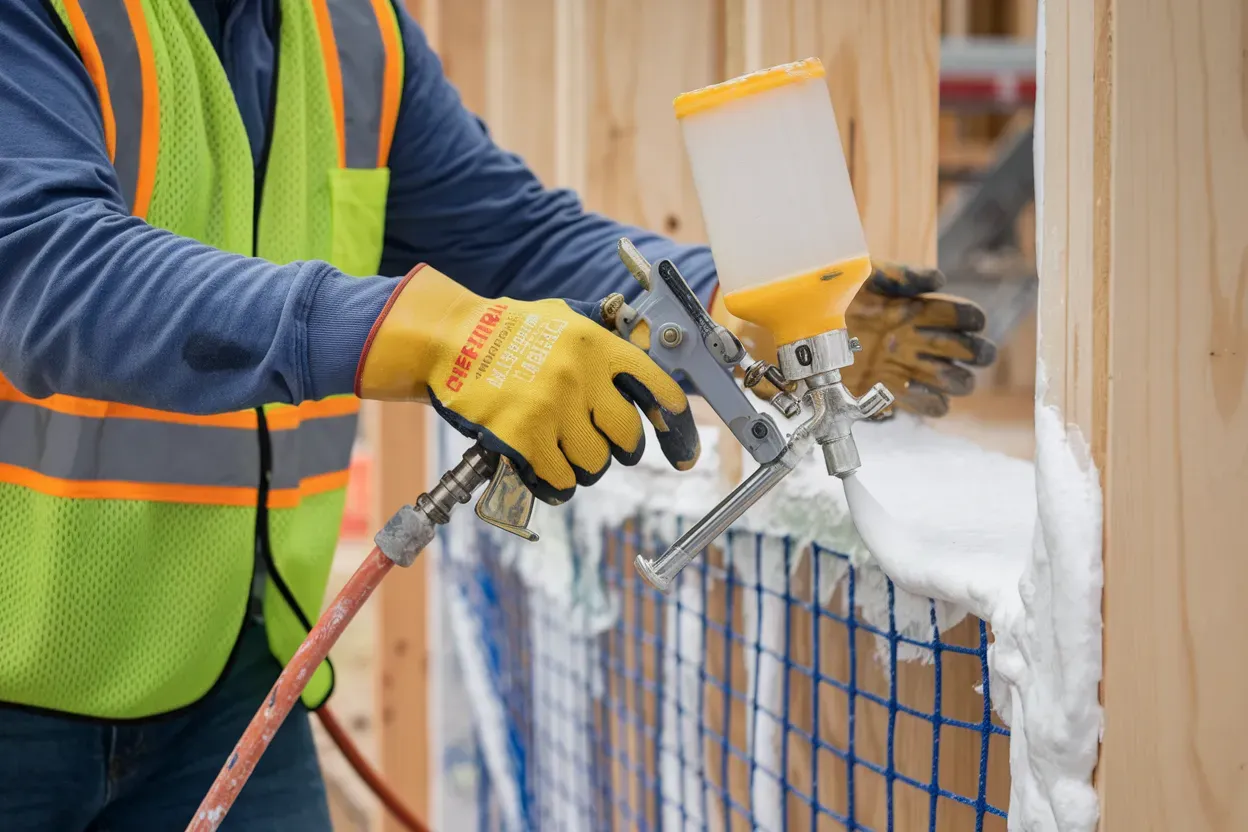 A construction worker is spraying foam on a wall.
