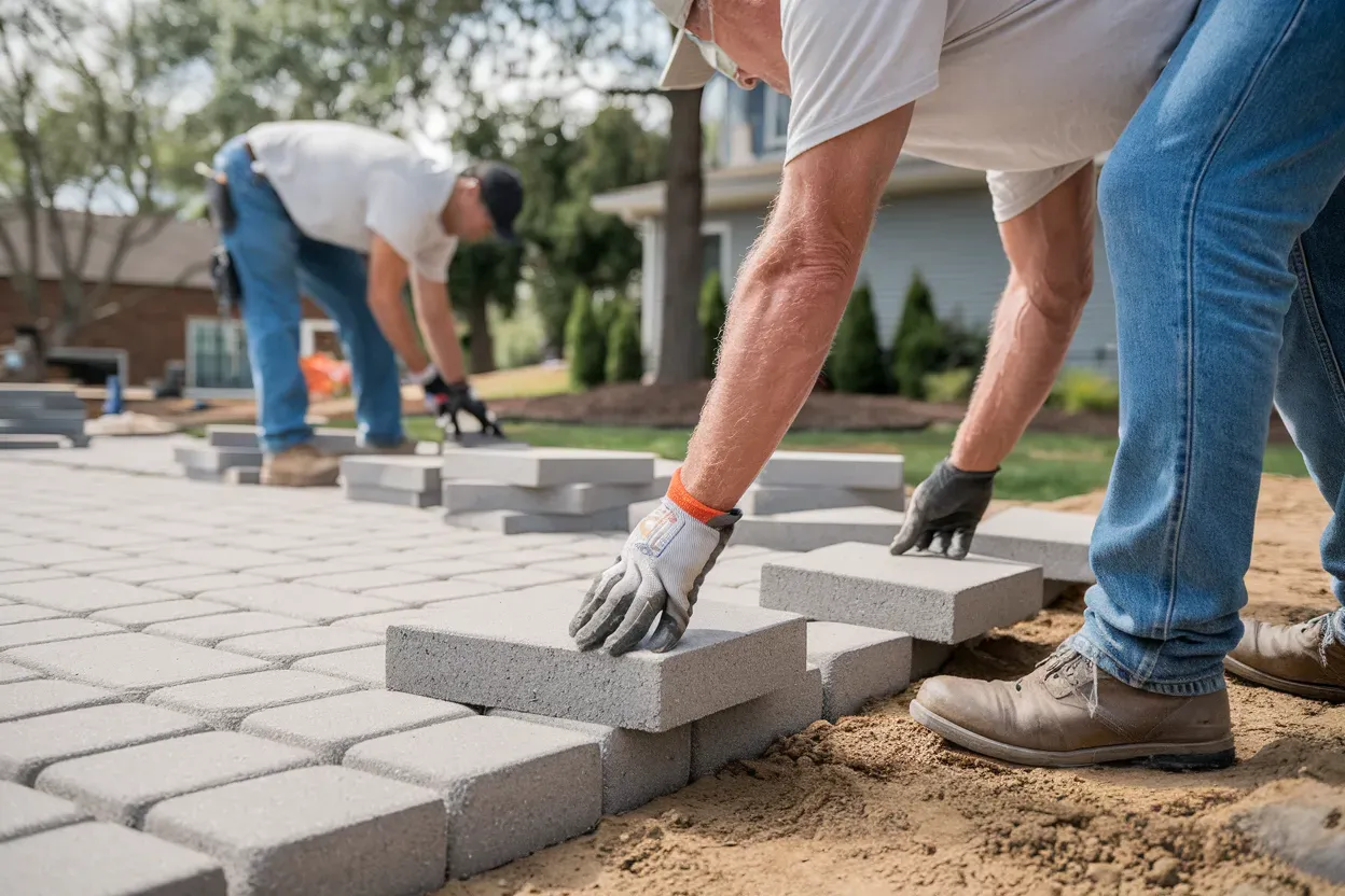 A couple of men are working on a brick walkway.