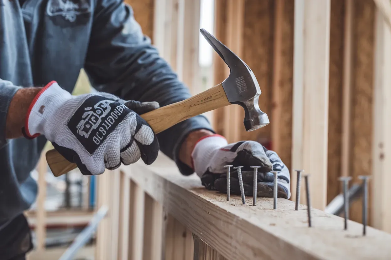 A man is hammering nails into a piece of wood.