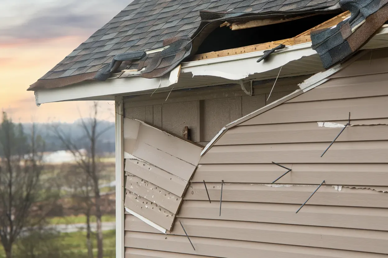 A house with a roof that has been damaged by a storm.