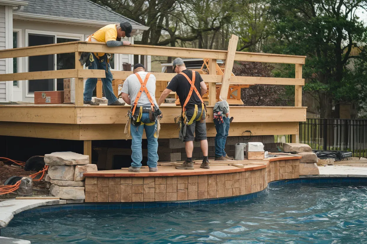 A group of construction workers are building a deck over a swimming pool.