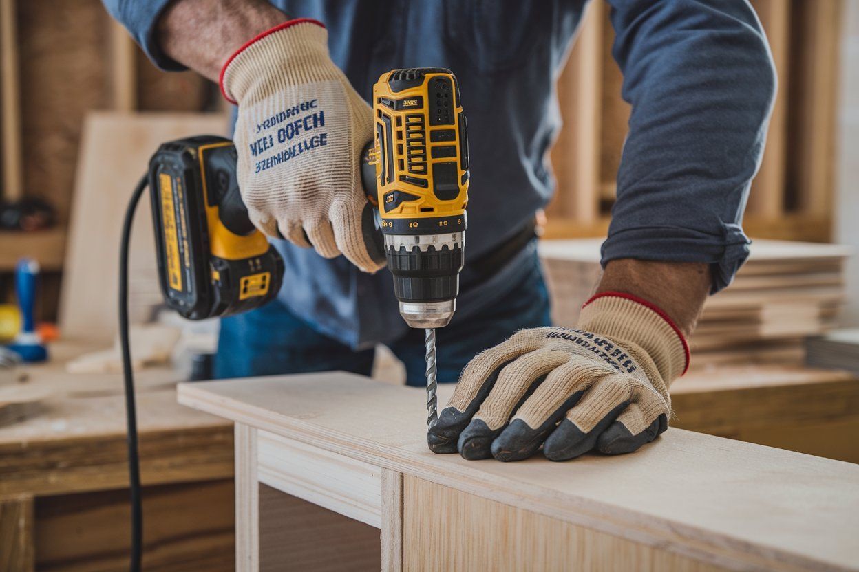 A man is using a drill to drill a hole in a piece of wood.