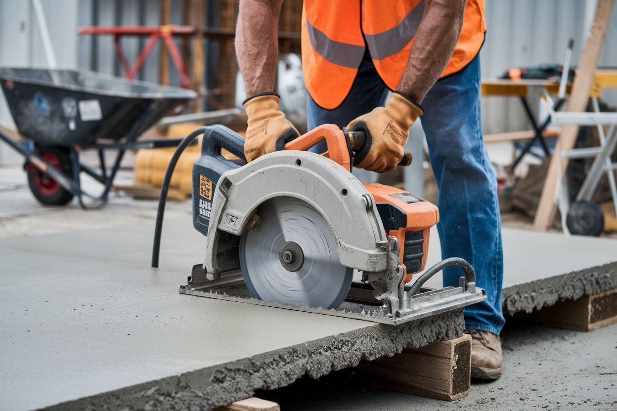 A construction worker is using a circular saw to cut concrete.