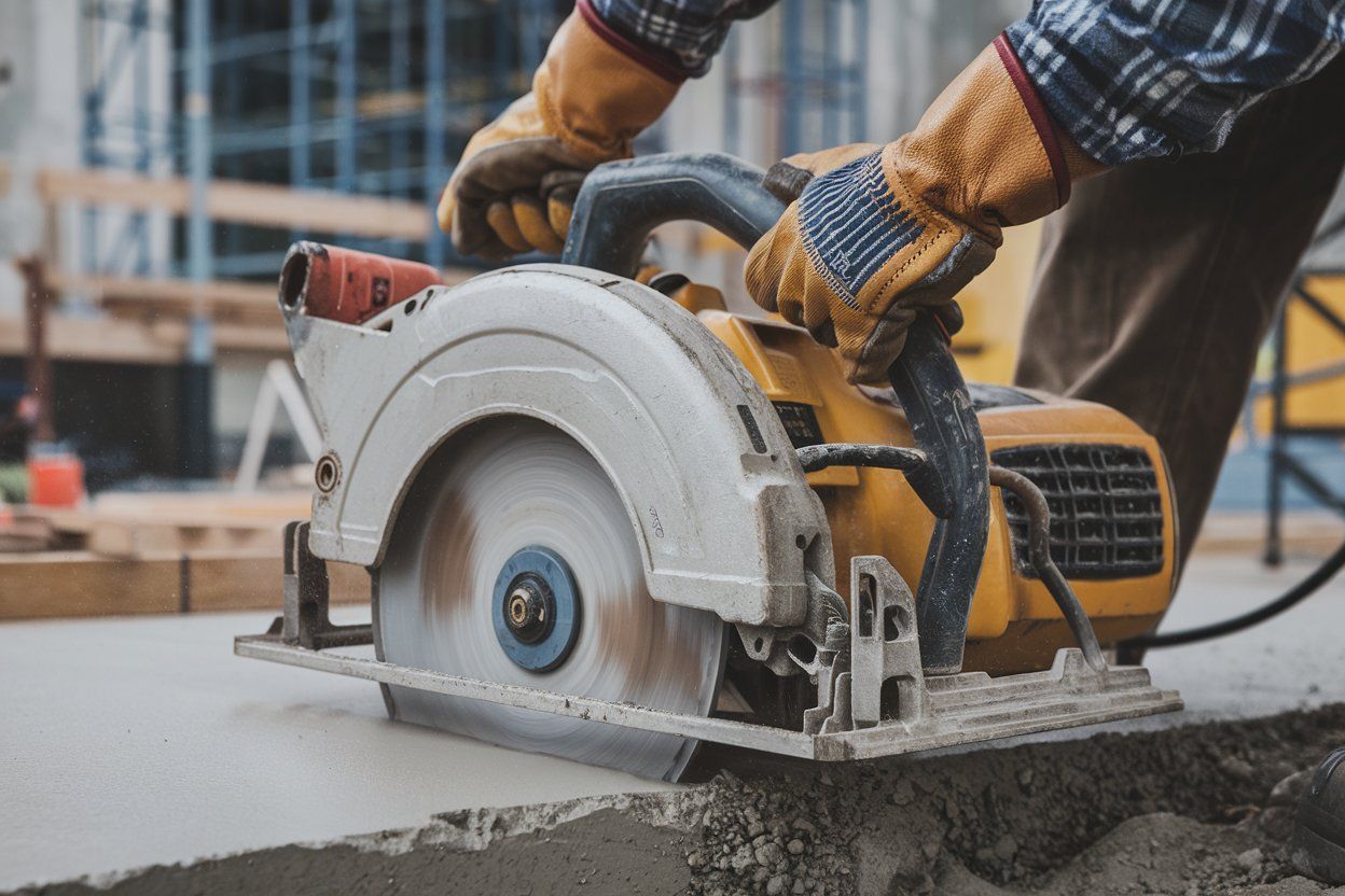 A man is using a circular saw to cut concrete.