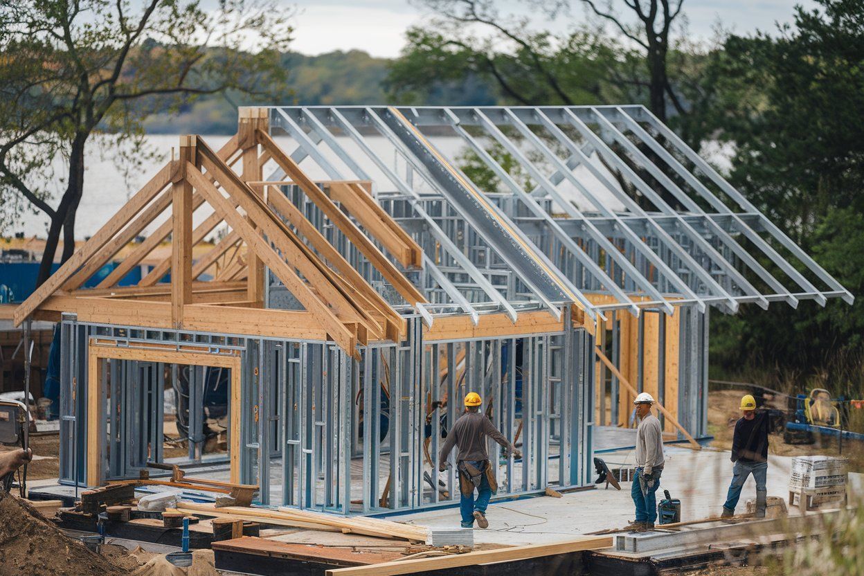 A group of construction workers are working on a house under construction.
