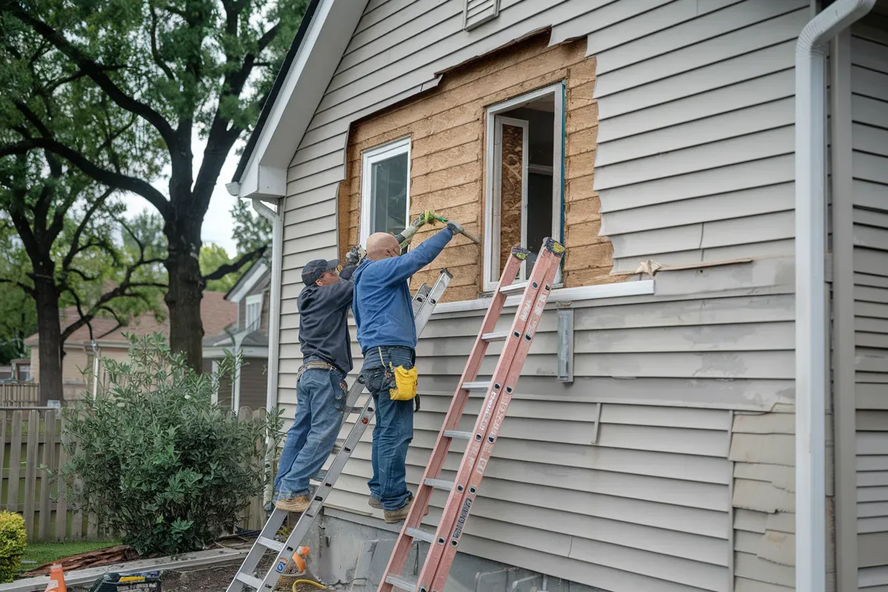 Two men are installing a window on the side of a house.