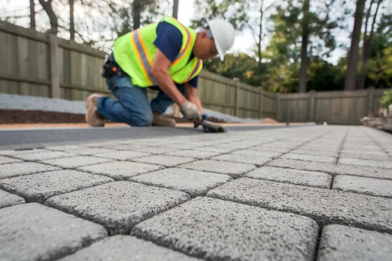 A construction worker is kneeling down on a brick walkway.
