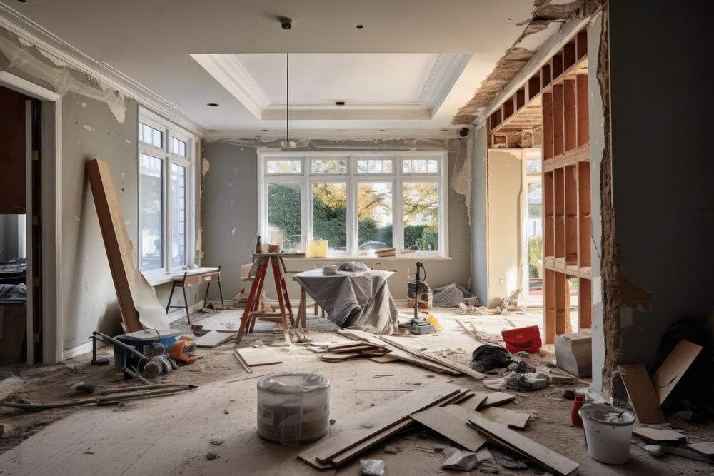 A living room in a house under construction with a lot of tools on the floor.