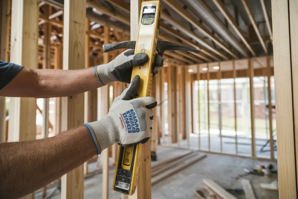 A man is using a level to measure a piece of wood.