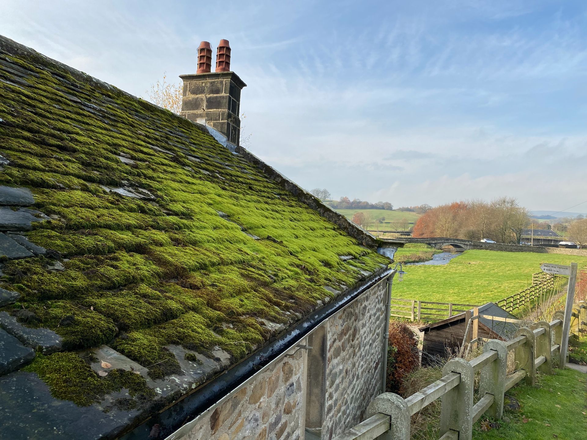 The roof of a house with moss on it and a field in the background.