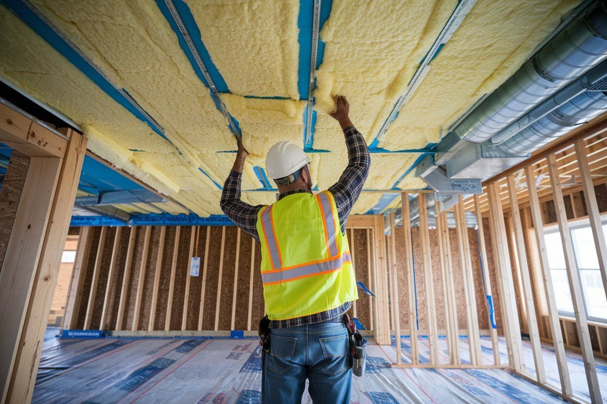 A construction worker is insulating the ceiling of a building under construction.