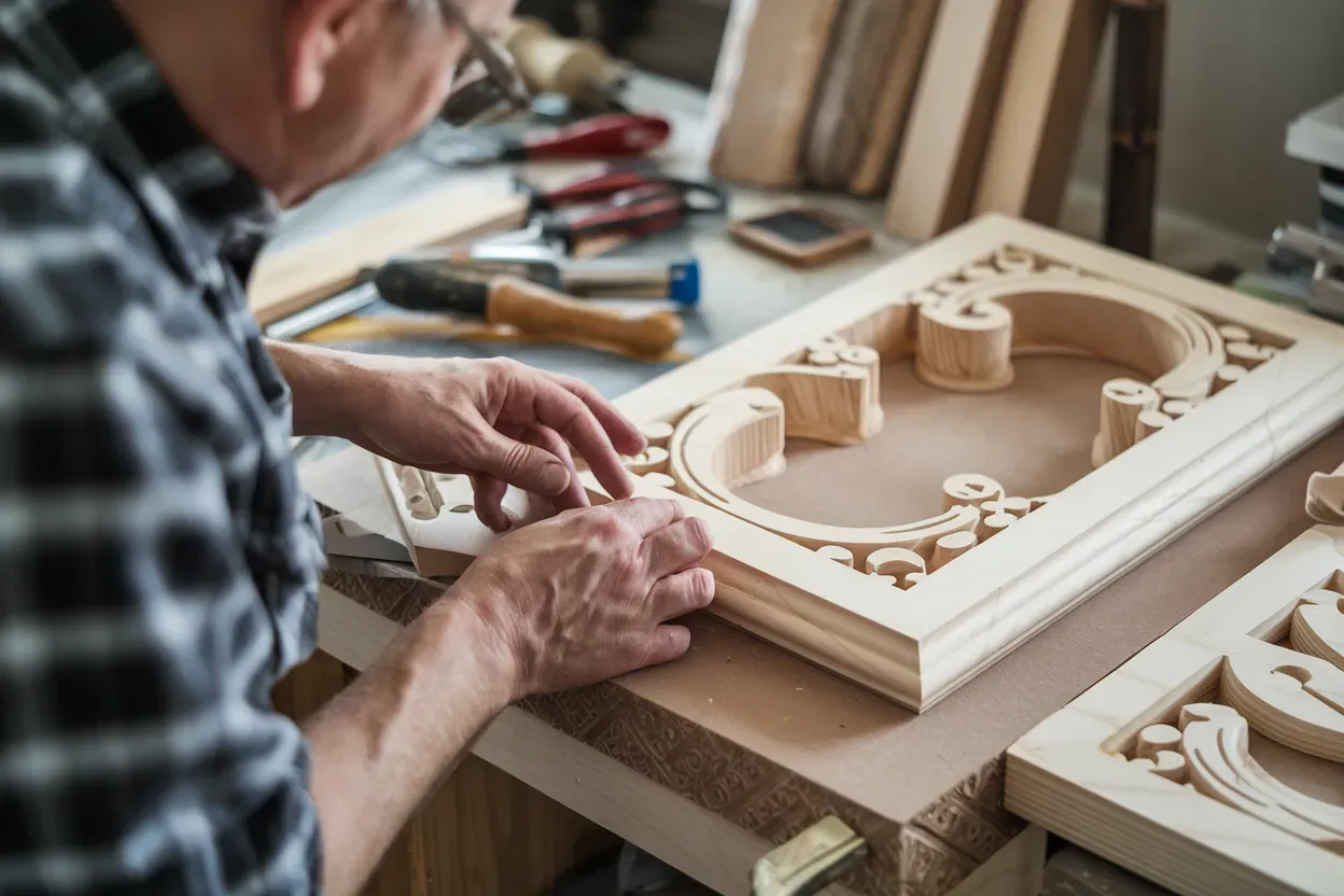 A man is carving a wooden frame on a table.