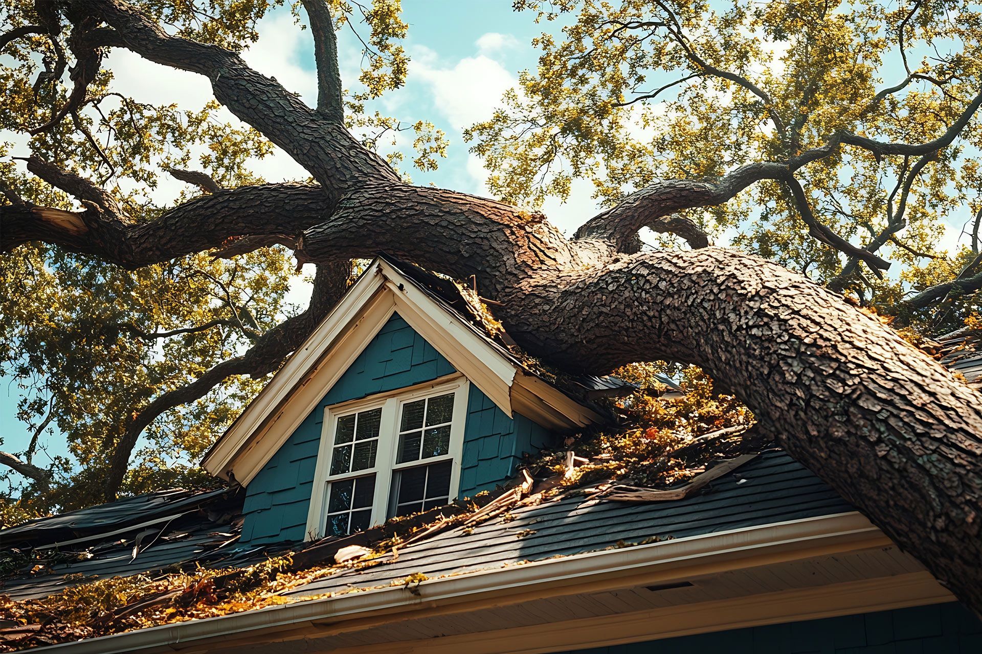 A tree has fallen on the roof of a house.