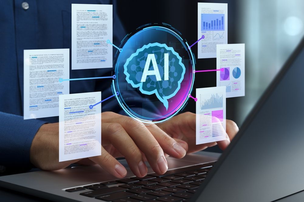 Hands typing on a laptop with glowing AI icon and floating digital documents in a modern office