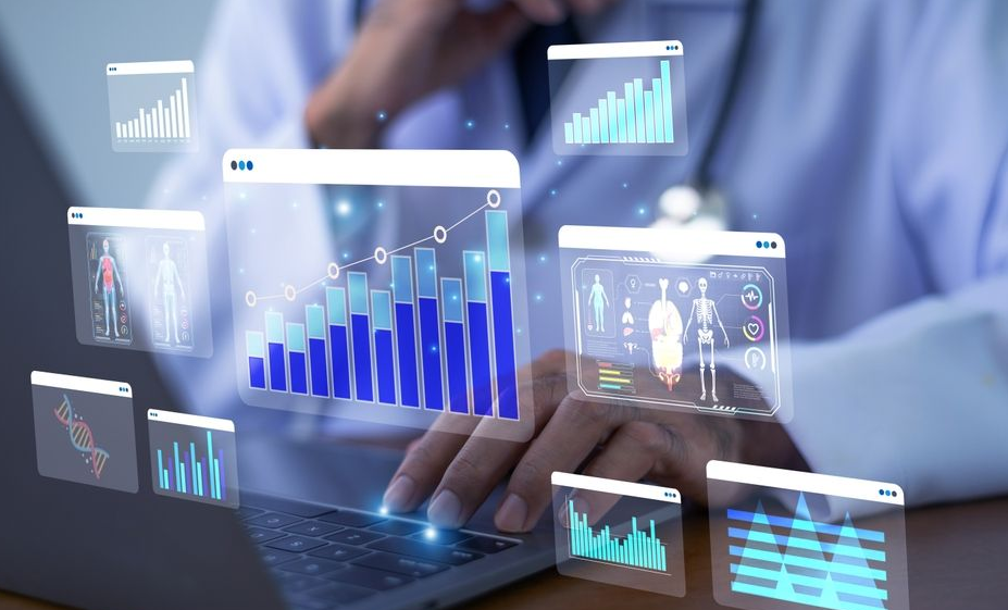 A medical professional uses a laptop, with digital overlays showing health data, bar graphs, and human body diagrams.