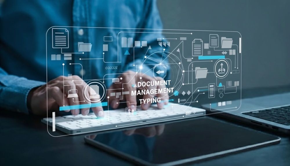 Person typing on a keyboard with digital document management icons overlaid on a desk